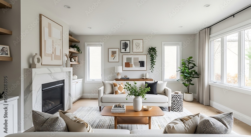 Fototapeta premium A modern living room with a warm color palette and minimalist decor.