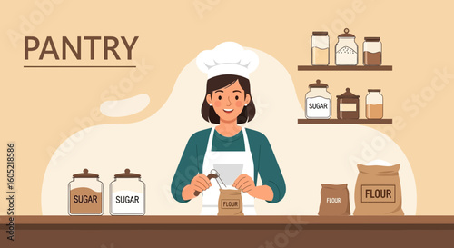 Woman In Pantry Baking With Ingredients On Display And Shelves