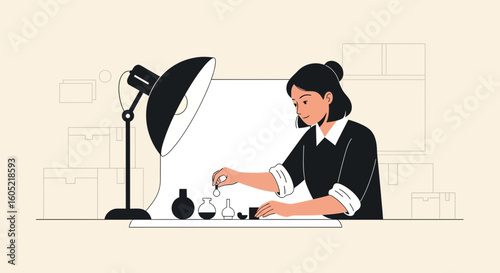 Woman In Studio, Creating Product Photography For E-Commerce Store Promotion