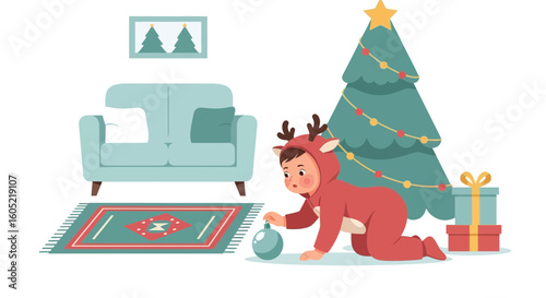 Young Child In Reindeer Costume Playing With Ornament Near Christmas Tree