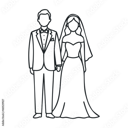 Outline of young caucasian bride and groom in wedding attire holding hands. Vector illustration