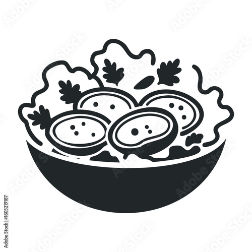 Black and white icon of fresh salad bowl with cucumbers and lettuce. Vector illustration