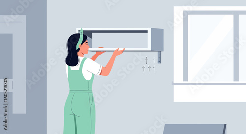 Woman Installing Shelf On Wall For Home Improvement Project Concept