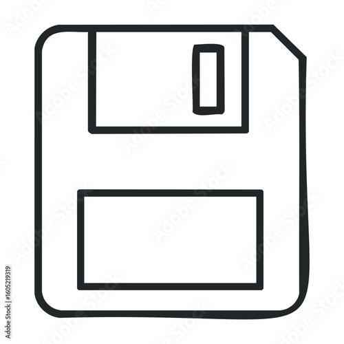 Retro floppy disk icon in black and white line art style. Vector illustration