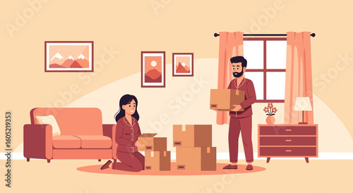 Young Couple Moving Into New Home Unpacking Boxes In Living Room