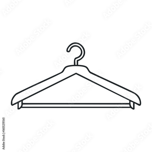 Minimalist black line drawing of a clothes hanger on white background. Vector illustration