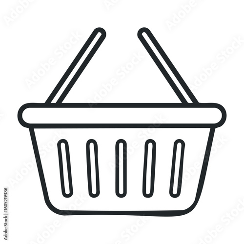 Minimalist line art shopping basket with handles for groceries and retail. Vector illustration
