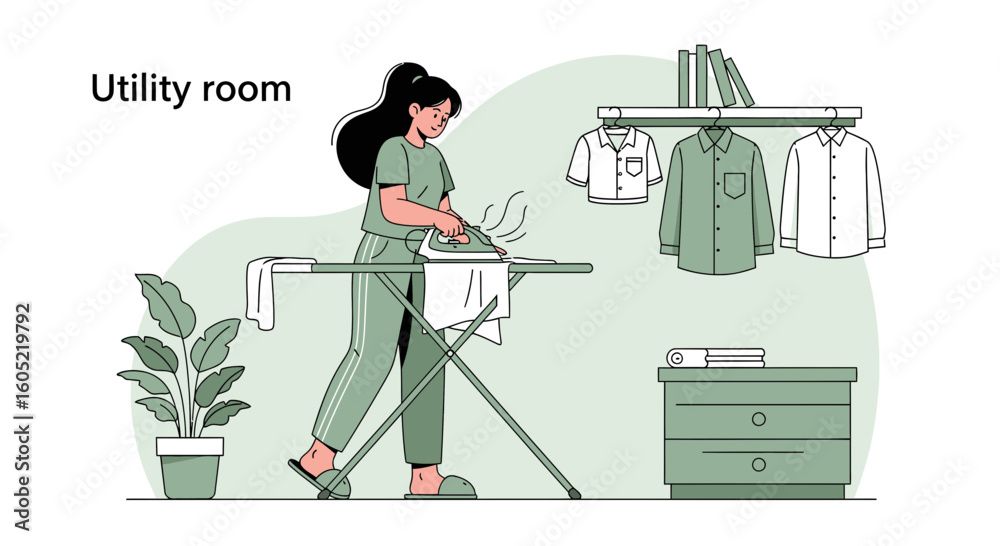 Woman Ironing Clothes In Laundry Room At Home Illustration Design