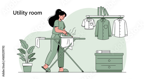 Woman Ironing Clothes In Laundry Room At Home Illustration Design