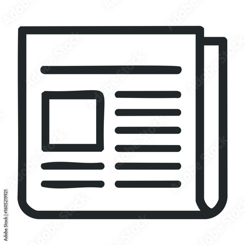 Simple black and white newspaper icon with folded corner. Vector illustration
