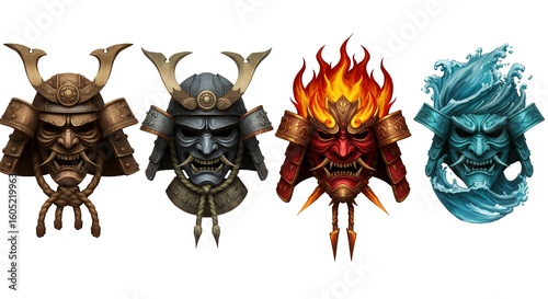 Four stylized masks design elements