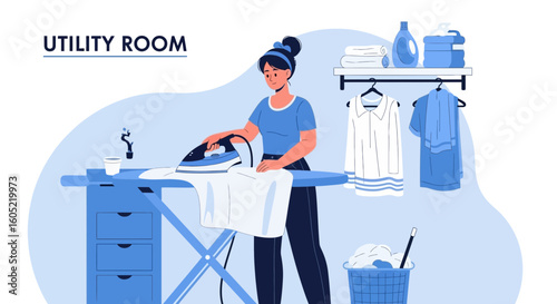 Woman Ironing Clothes In Utility Room Chores And Home Organization Concept