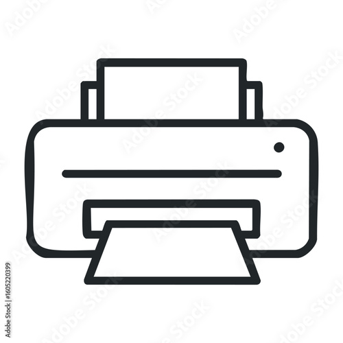 Black and white printer icon with paper in output tray. Vector illustration