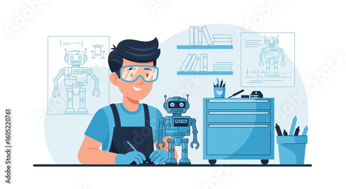 Young Enthusiast Designing and Building a Robot in His Workshop