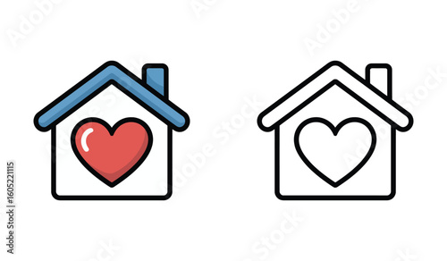 Stylized Home with Heart Icons Symbolizing Love and Safety in Colorful and Line Art Versions