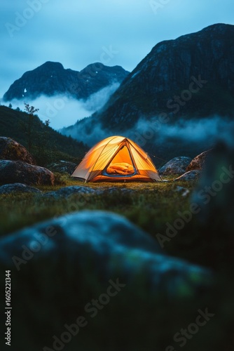 Glowing Tent in a Mountainous Landscape During Twilight Near a Misty Forest