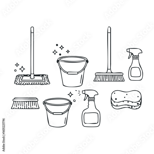 Set of cleaning tools: mops, brooms, buckets, sprays, and sponges in black and white outline. Vector illustration