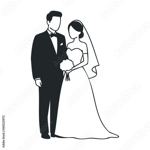 Bride and groom silhouette in wedding attire - elegant couple illustration. Vector illustration