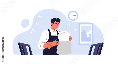 Young Man Arranging Clean Dishes in Dining Room After A Meal Preparation