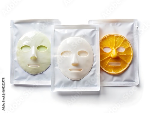 Three individually packaged facial masks with a citrus slice image