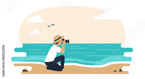 Young Man Capturing Ocean View From Beach With Camera On Summer Vacation