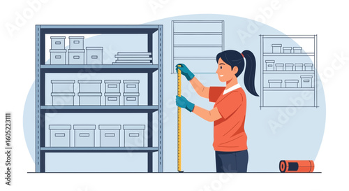 Woman Measures Shelf Height In Storage Room With Boxes And Organizer Cart