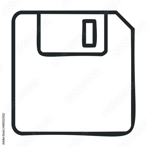 Retro computer save icon: minimalist black and white floppy disk symbol. Vector illustration