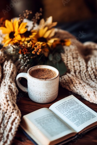 Cozy Autumn Morning With Coffee, Flowers, and a Journal on a Wooden Table Out...