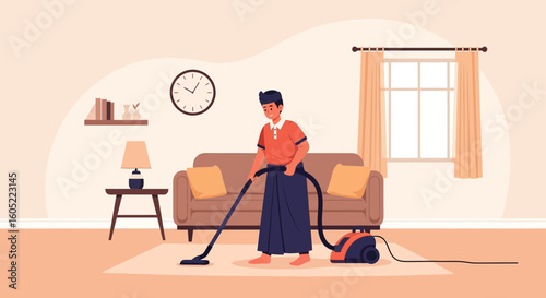 Young Man Cleaning Home Carpet With Vacuum Cleaner On Weekend