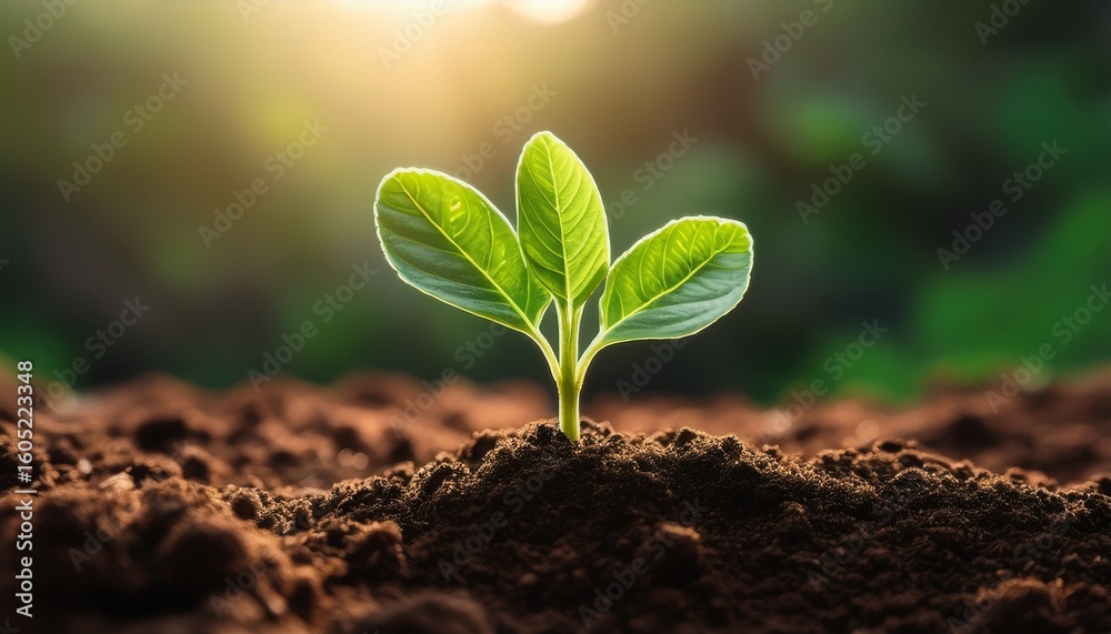 Fototapeta premium a small green plant with two leaves growing from dark soil symbolizing new life and growth in a natural setting