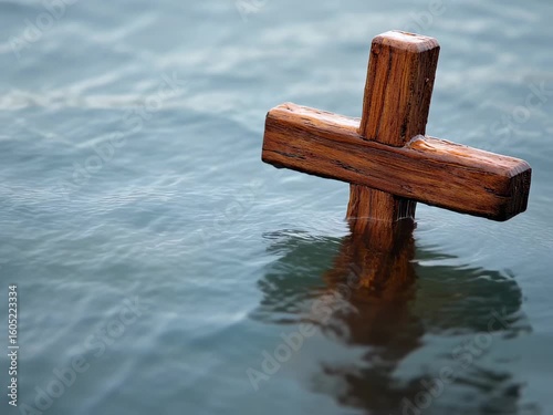 Wooden cross standing in water, symbol of faith and christianity, peaceful scene, salvation and