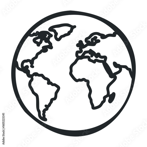 Simple black and white outline of earth's continents and oceans. Vector illustration