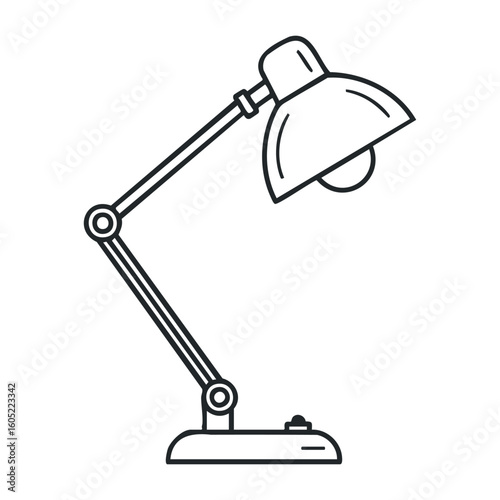 Black and white adjustable desk lamp with dome shade and jointed arm illustration. Vector illustration