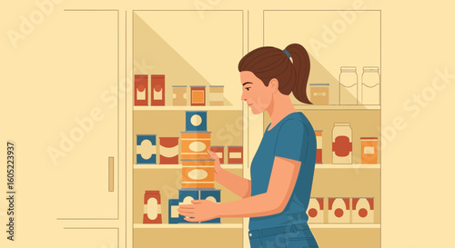 Woman Organizes Canned Goods In Her Pantry Maintaining Food Stock At Home