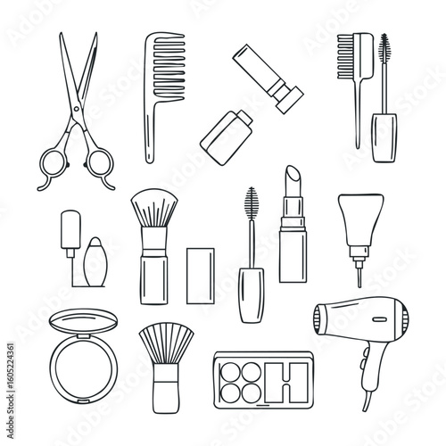 Black and white outline of hair and makeup tools including scissors, brushes, and lipsticks. Vector illustration