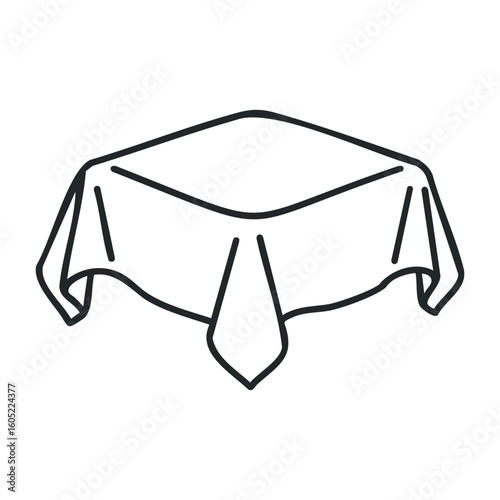 Square table with draped cloth iconic outline on white background. Vector illustration