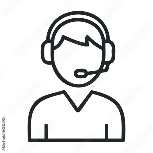 Male customer support icon: line art of customer service representative with headphones. Vector illustration