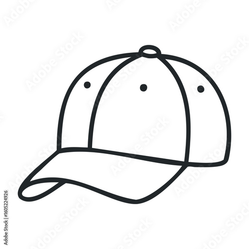 Minimalist black and white baseball cap outline drawing on white background. Vector illustration