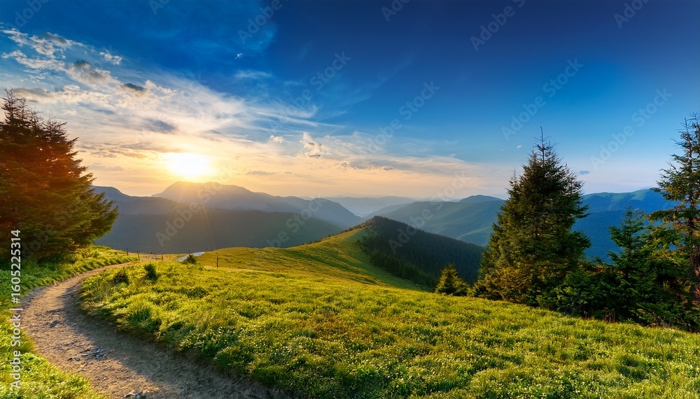 Obraz premium a bright sunrise over a grassy hilltop with scattered trees and a winding path overlooking distant blue mountains beneath a partly cloudy sky