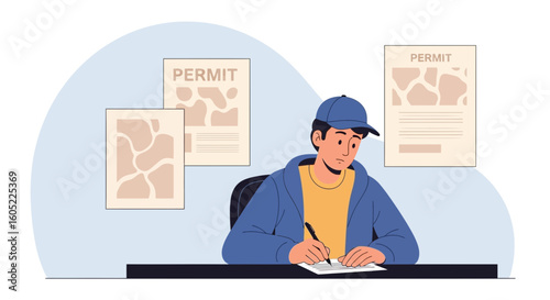 Young Man Fills Out Permit Application Forms in a Casual Setting