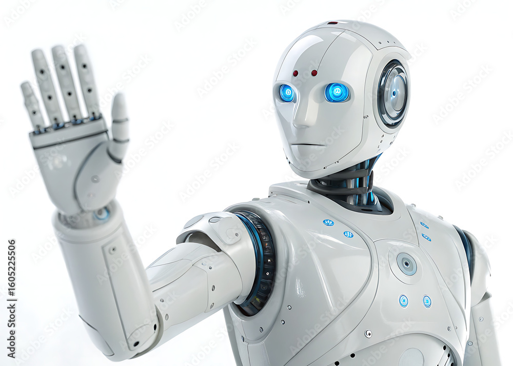 Naklejka premium A white humanoid robot with glowing blue eyes and an open hand against a white background in a studio shot