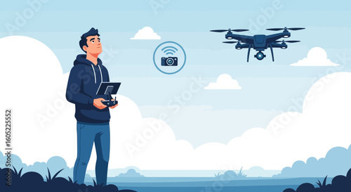 Young Man Flying Drone Outdoors In Blue Sky With Clouds Illustration