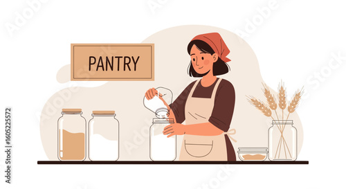 Woman Organizing Dry Goods In Pantry Using Glass Jars For Efficient Storage