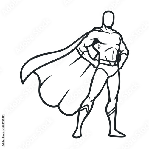 Dynamic superhero silhouette with heroic stance and flowing cape in black and white. Vector illustration