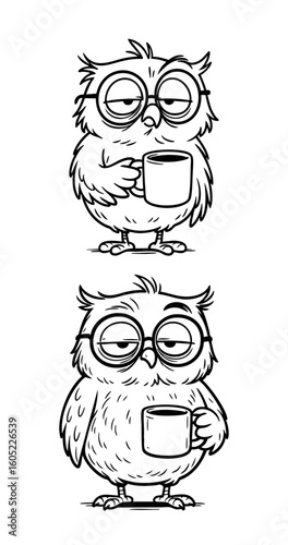 Sleepy Cartoon Owl Holding Coffee Mug – Black and White Line Art