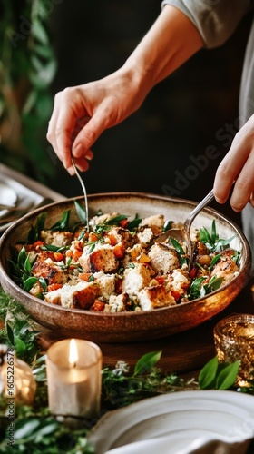 Holiday Gathering Featuring a Festive Dish Prepared With Herbs and Berries in...