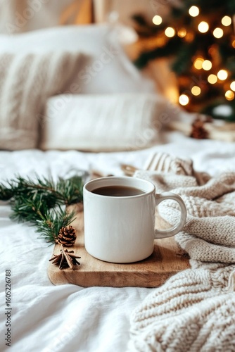 Cozy Winter Morning With Coffee Beside Twinkling Lights and Festive Greenery.