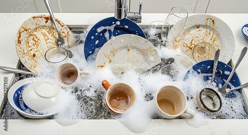Dirty dishes in a sink overflowing with suds.