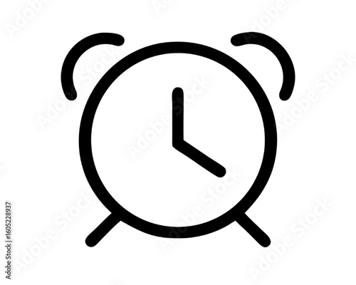 A simple line art icon of an alarm clock showing the time, a minimalist vector illustration