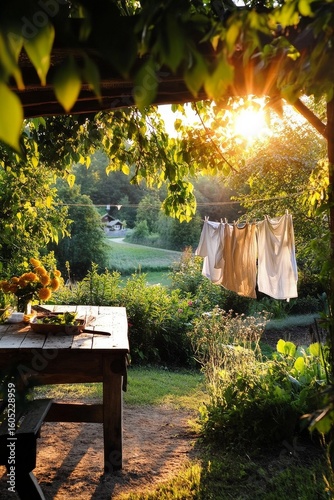 Evening Sunlight Illuminates Outdoor Laundry Near Wooden Table in Tranquil Na...